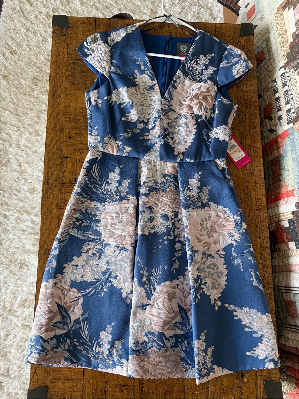 Vince Camuto Blue Floral Fit-and-Flare Dress with Pink Blooms NWT
